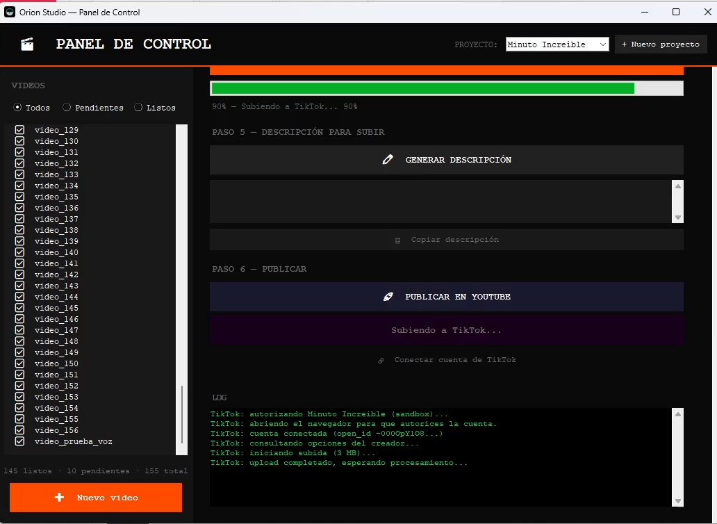 A video being uploaded, with the progress bar and the activity log
