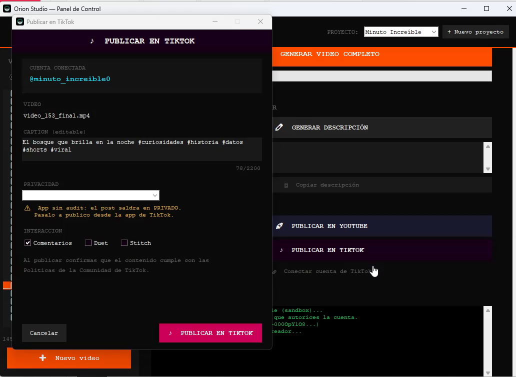 The confirmation dialog shown before a video is published to TikTok